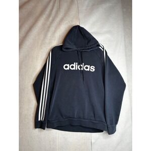 Adidas Mens Navy Blue 3 Stripe Pullover Hoodie Sweatshirt Medium Fleece Lined‎